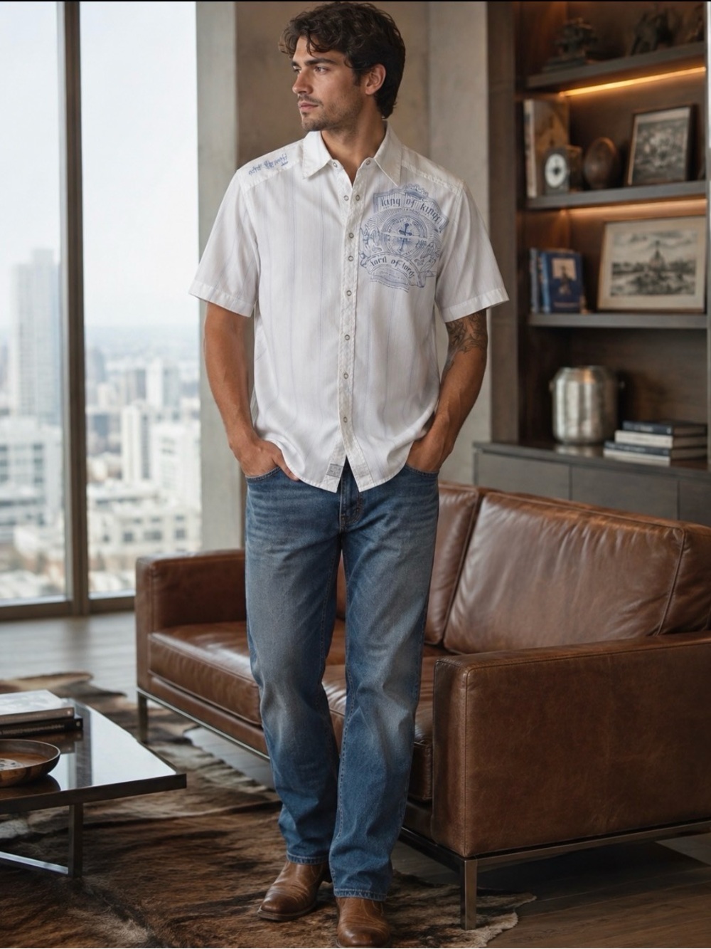 NOTW Men's Short-Sleeve Button-Up Shirt in White w/ Blue Graphic “King of Kings”